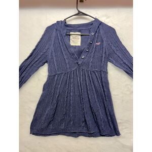 vintage Y2K navy blue Hollister cable-knit babydoll top v neck hooded large